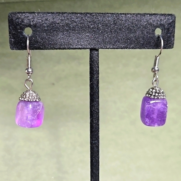 Vintange Handmade Silver Tone Purple Amethyst Dangle Earrings - Picture 13 of 16